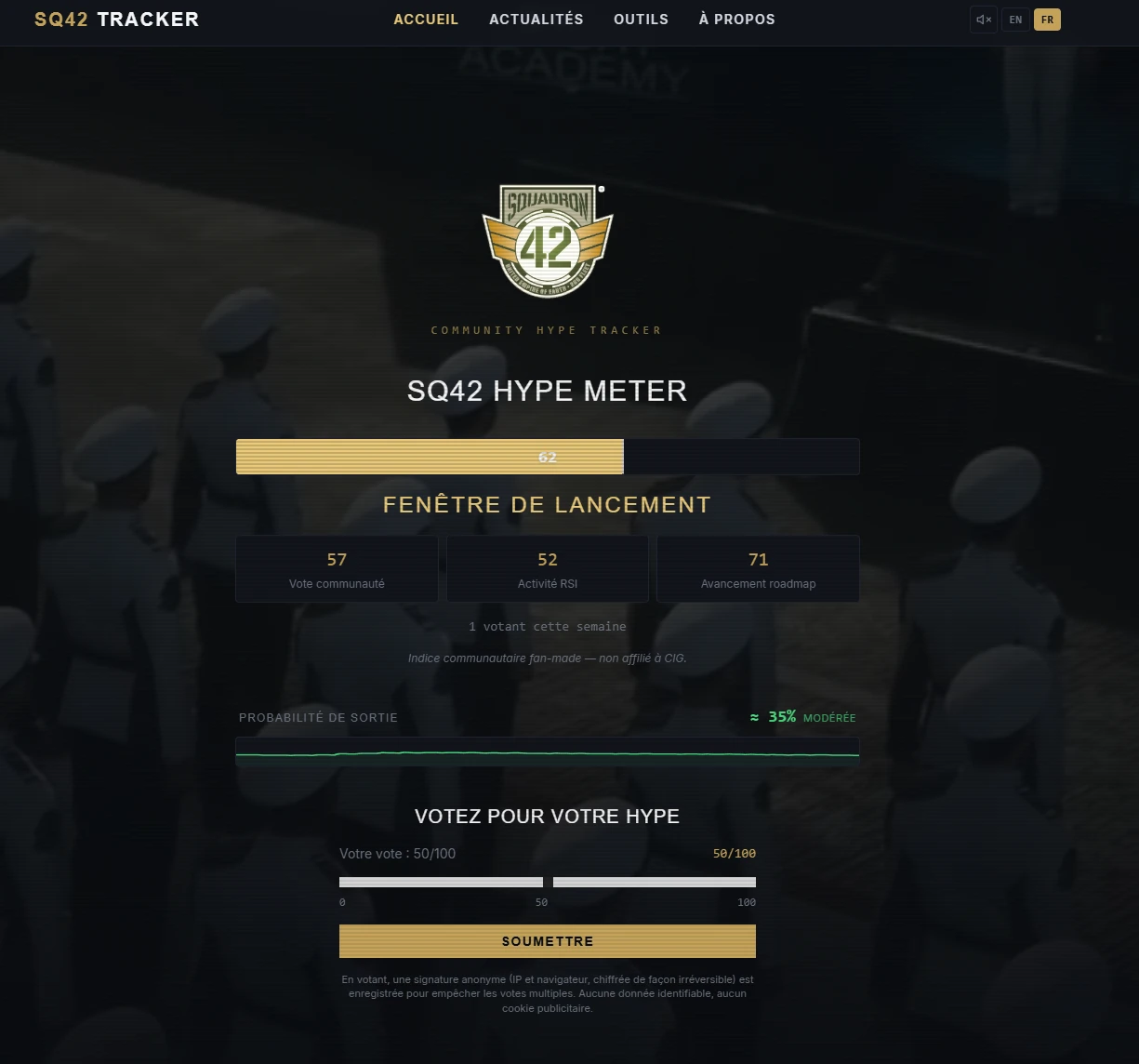 Aperçu du SQ42 Tracker — page d’accueil du hype meter communautaire consacré à Squadron 42.